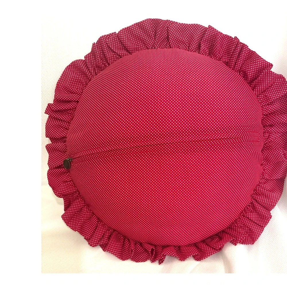 VTG Pier 1 Imports Round Boho Embroidered Ruffle Throw Pillow Red Polka Dot 16